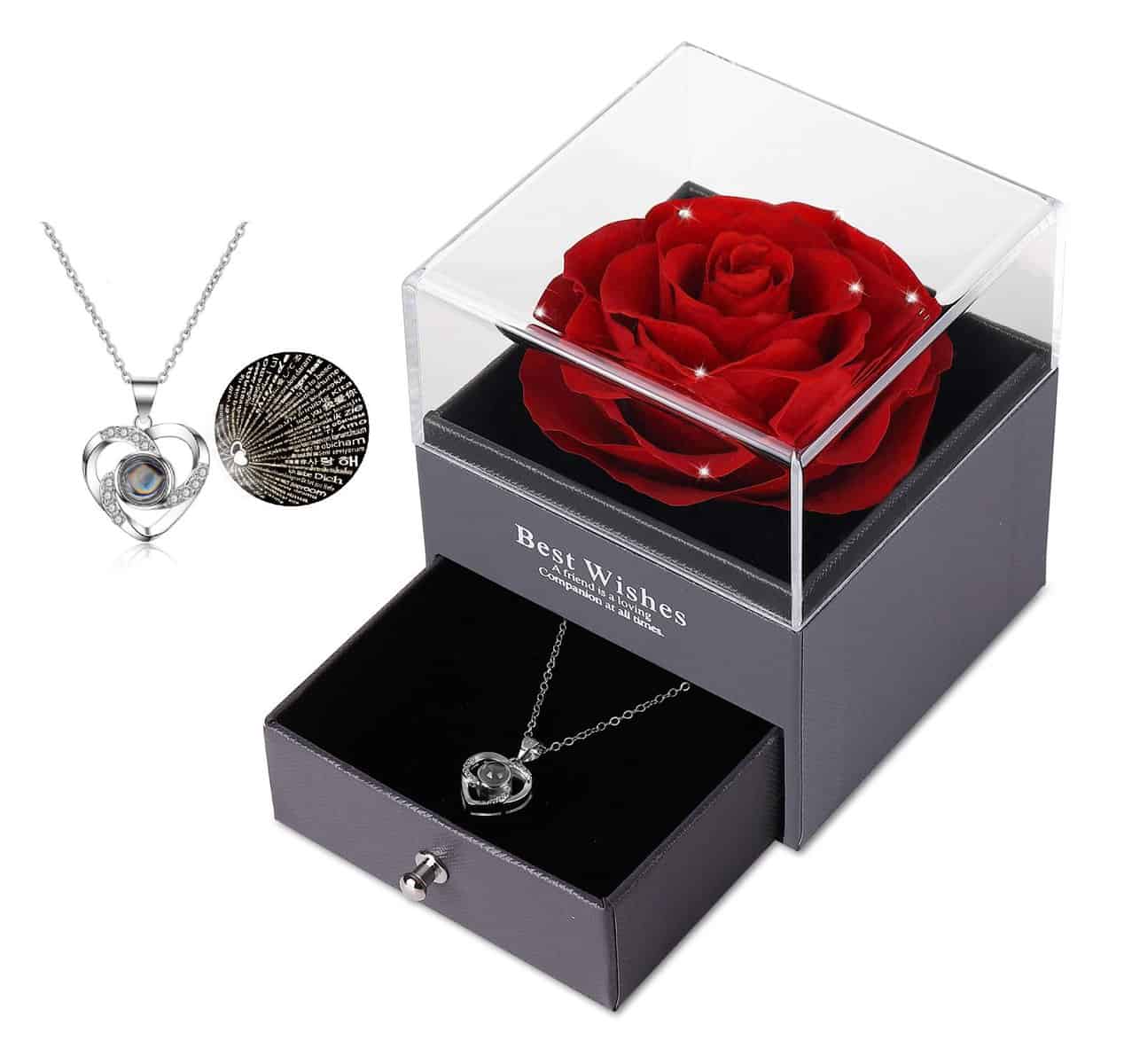 Eaprala Ewige echte Rose mit I Love You Halskette 100 Sprachen Schmuck Geschenkbox Ewige echte Rose für Valentinstag Muttertag Hochzeit Jahrestag Geburtstag Geschenk für sie (Kristall Rot)