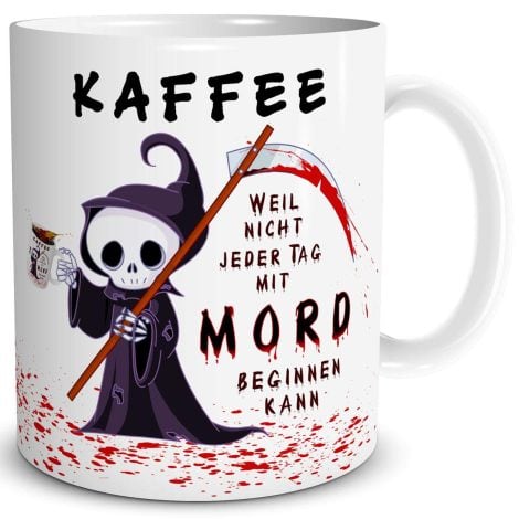 Witzige Kaffeetasse “Kaffee Mord” mit Spruch, ideal als lustiges Horror-Geschenk für Bürokollegen. Weiß.