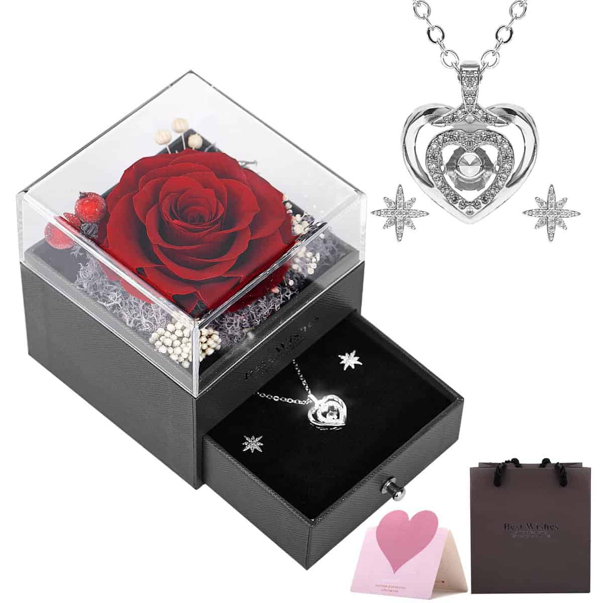 Sosayet Ewige Echte Rose mit Halskette und Ohrringe, Handgefertigte konservierte Rosen, Echte Rose Schmuck Geschenkbox Geschenke für Frauen für Valentinstag Muttertag, Geburtstag Geschenk für sie