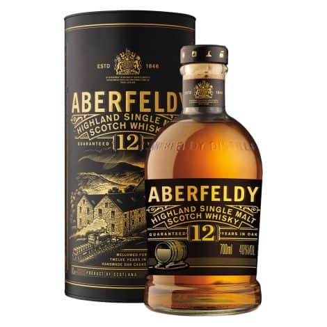 Aberfeldy 12 Jahre Highland Single Malt Whisky mit Honig-, Frucht-, Gewürz- und Vanillearomen, 40% Vol., 70 cl.(Translation: Aberfeldy 12-year-old Highland Single Malt Whisky with honey, fruit, spice, and vanilla flavors, 40% ABV, 70 cl.)