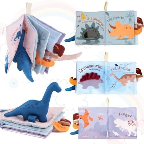 Richgv Babybuch Dinosaurs, Knisterbuch, Stoffbuch für Babys, Baby Erstausstattung, Kinderwagenkette für Neugeborene.