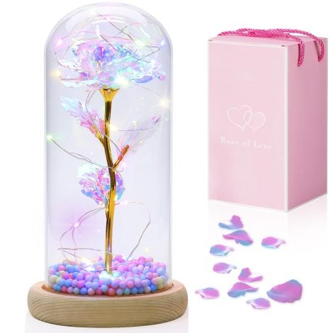 Qoolife Die “Beauty and the Beast” Rose – ewige Rose im Glas mit LED-Lichtern und Holzsockel, das perfekte Geschenk für Weihnachten, Valentinstag und Jubiläum.