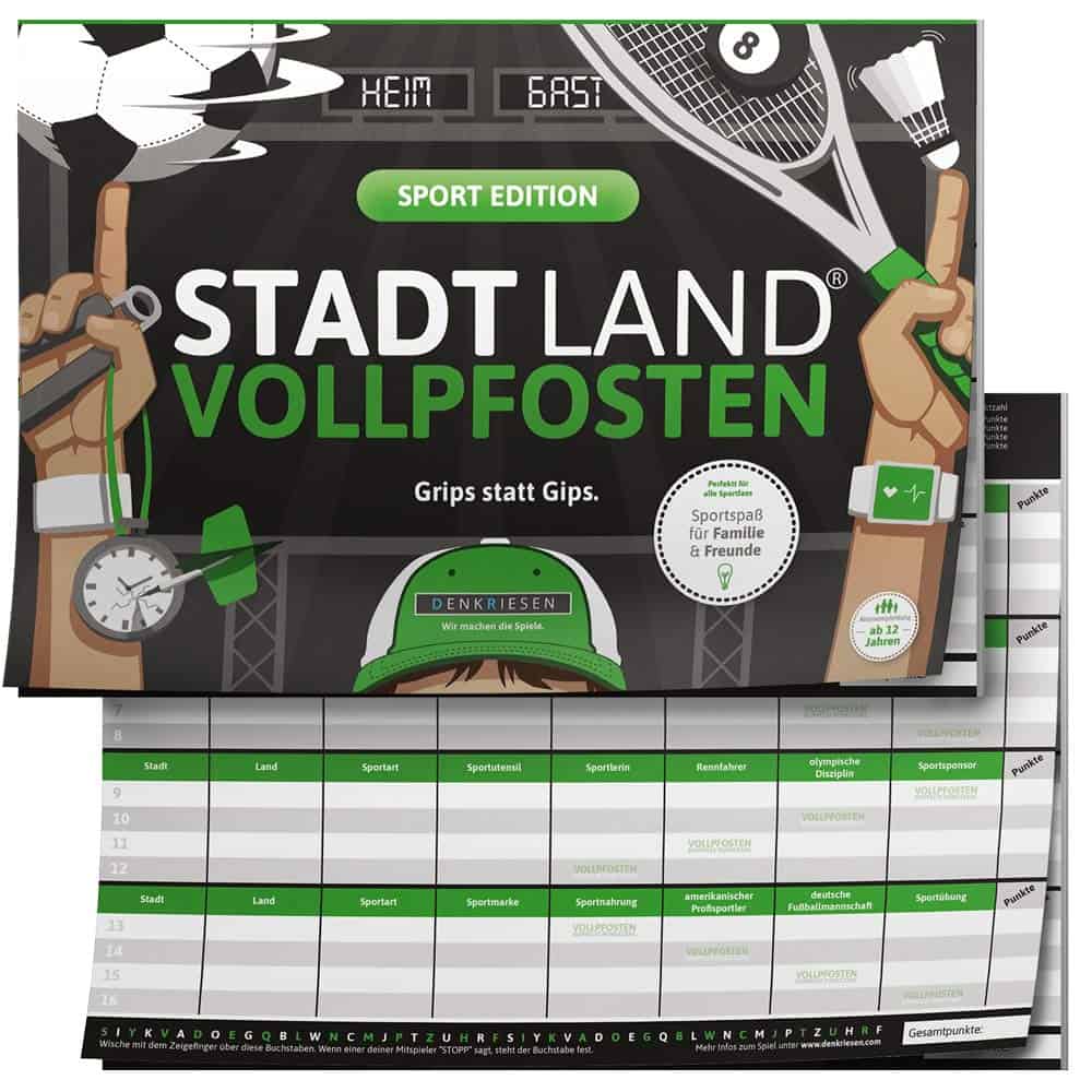 DENKRIESEN - Stadt Land VOLLPFOSTEN® - Sport Edition 'Grips statt Gips.' Stadt Land FLUSS SPIELBLOCK