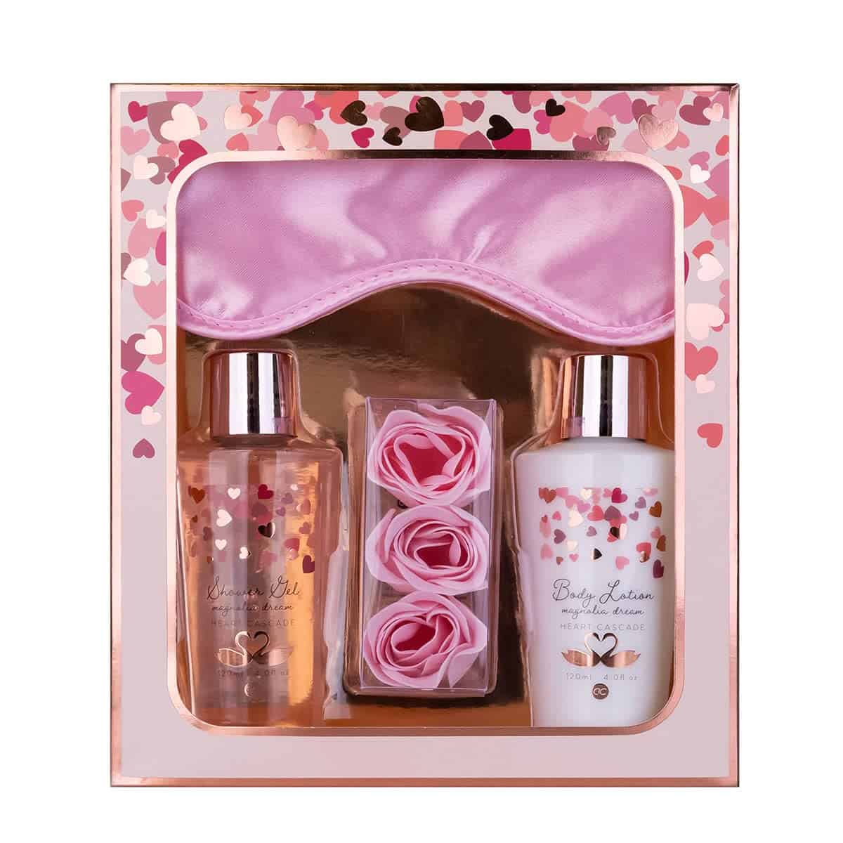 accentra - Geschenkset Frauen Heart Cascade - Beauty Set mit Schlafmaske, Duschgel, Bodylotion & Rosen Badekonfetti – Wellness Set für Frauen und Mädchen zum Geburtstag & besonderen Anlässen