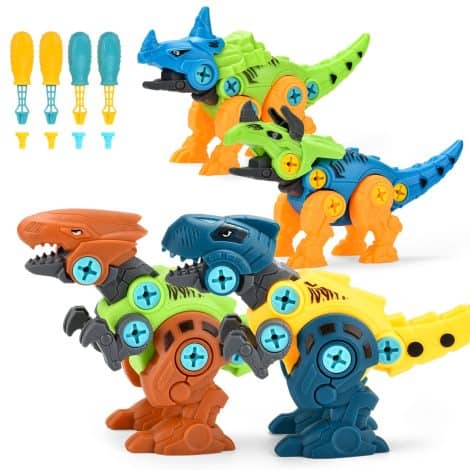 ALLCELE Dino-Baukasten, 4-teiliges Set zum Zusammenbauen von Dino-Figuren mit Schrauben. Pädagogisches Spielzeug für Kinder ab 3 Jahren. Geschenk für Jungen und Mädchen.