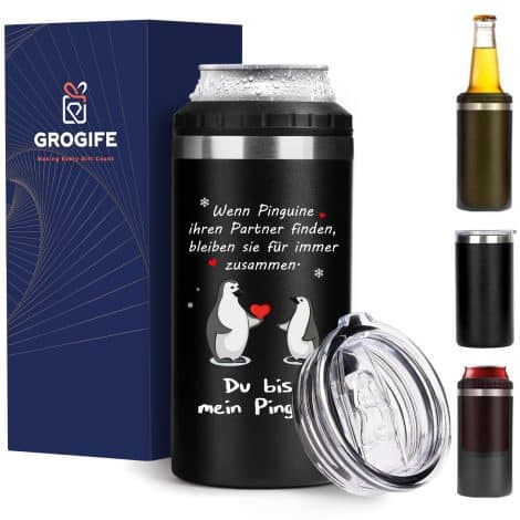 Grogify Geschenkset für Männer: 4-in-1 Thermobecher-Dosenkühler mit Spruch, Kaffeebecher to go 480ml.