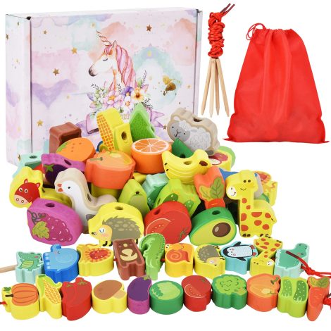 DealKits Holzperlen Set: Pädagogisches Lernspielzeug mit 42 Perlen (Obste, Tiere, Gemüse) zum Auffädeln. Für Kinder (1-4 Jahre) Frühbildung und Motorik.