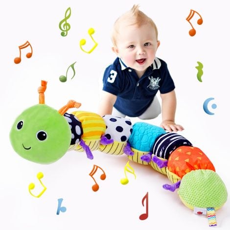 Spielzeug Raupe mit Musik für Babys ab 6 Monaten, mit Lineal, Klingelton und vielen Falten, in Grün.