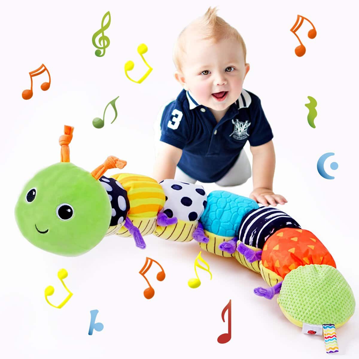 Funsland Raupe Musikspielzeug Baby 6 Monate, Plüschtier Spielzeug Mit Lineal, Klingelton und Multisensorischen Falten, Rassel Baby, Bauchzeit Neugeborene Geschenke für Babys 0 3 6 9 12 Monate, Grün