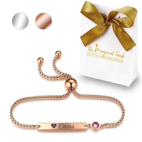 Personalisiertes Armband mit Gravur und Geburtssteinen für Frauen und Mädchen in Silber-Roségold, perfektes Geschenk zum Geburtstag.