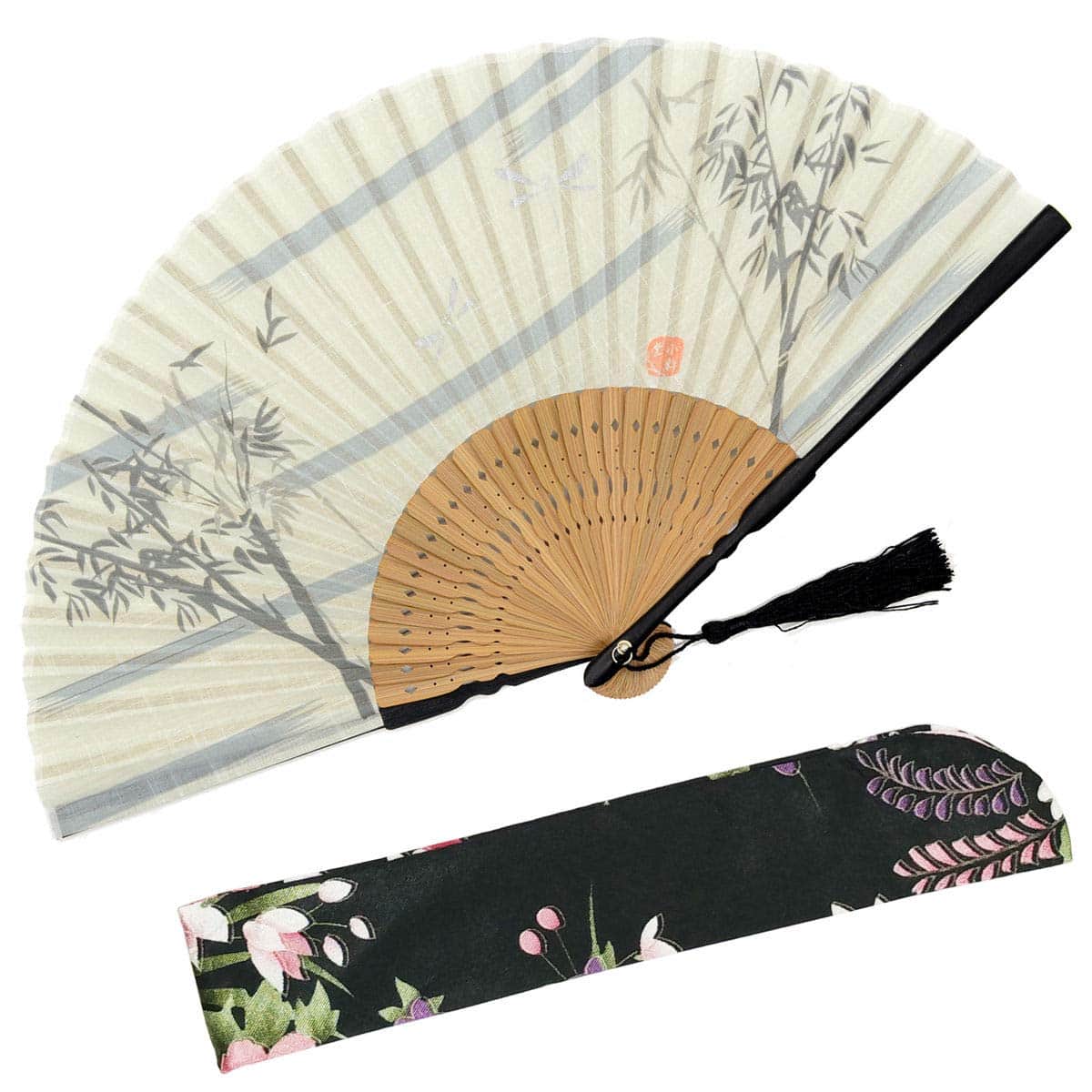 omytea "Bambus Wald zusammenklappbar Hand Held Fan für Frauen  Mit Einem Stoff Sleeve zum Schutz  Japanisches/Chinesisches Vintage Retro Stil Hochzeit, Dancing, Kirche, Party, Geschenke, Seide, weiß