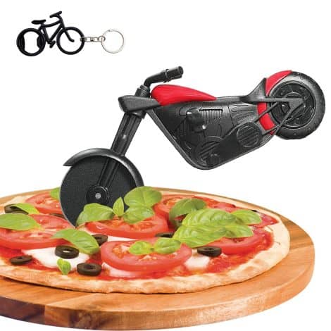 Motorrad Pizzaschneider: Witziger Pizzaroller aus Edelstahl-Kunststoff mit scharfem Rad, Ständer – kreative Geschenkidee für Weihnachtsfeiern.