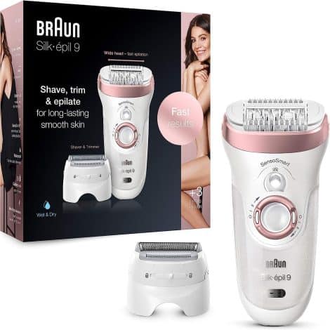 Braun Silk-épil 9 Epilierer für Damen – sanfte Haarentfernung, Rasieraufsatz, Massagefunktion, Tasche, Geschenk für die Frau. (weiß/roségold)