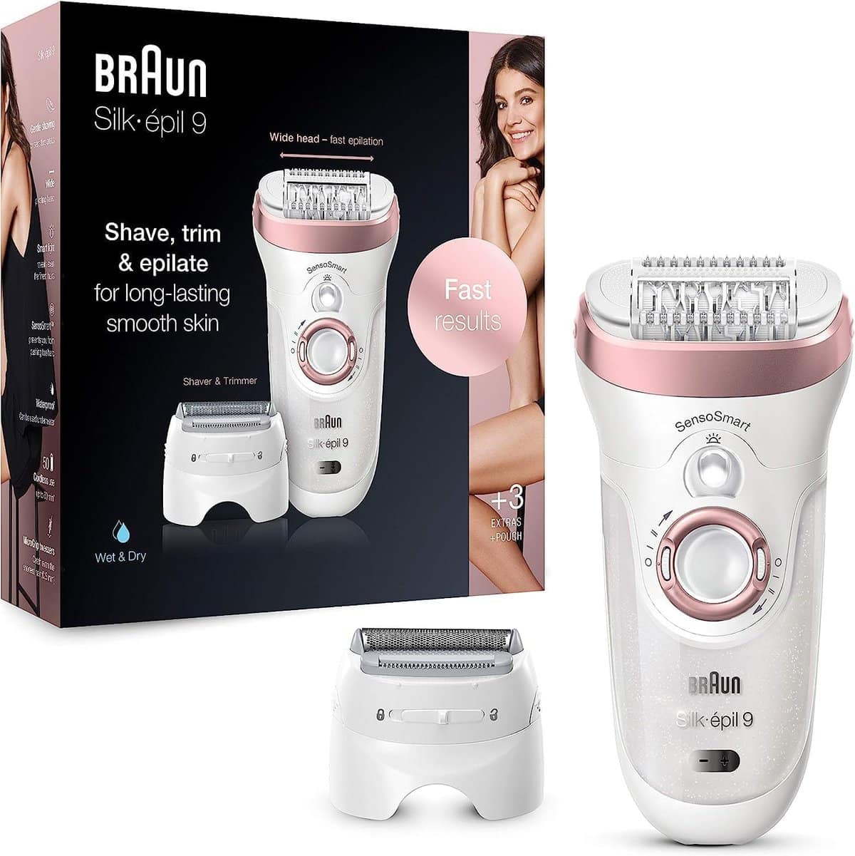 Braun Silk-épil 9 Epilierer Damen für Haarentfernung, Alternative zu wachs haarentferung, Aufsätze für Rasierer und Massage für Körper, Tasche, Geschenk Frau, 9-720, weiß/roségold