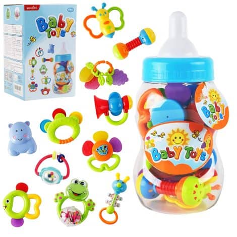 HANMUN Rassel Beißring Set – Babyspielzeug für frühzeitiges Lernen, geeignet für Jungen und Mädchen ab 3 Monaten. Perfektes Babygeschenk.