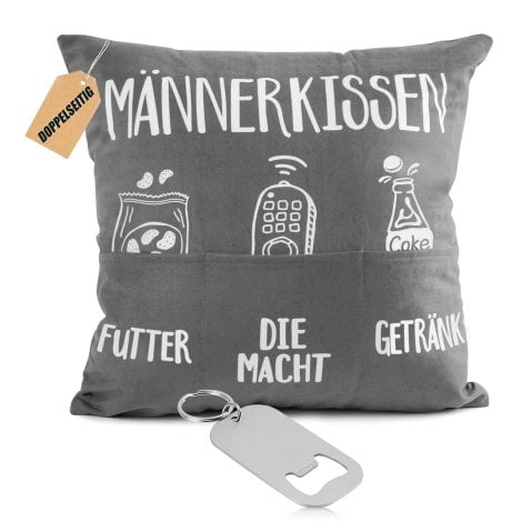 BETESSIN Maskulines Kissen: Grauer Bezug 45 x 45 cm mit Taschen zum Befüllen – Perfekte Geschenkidee für Männer! (Geburtstag, Vatertag, Weihnachten usw.)