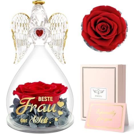 Sunia Geschenkbox mit Engel Figur und Ewiger Rose in Glas, perfekt für Hochzeitstag oder Geburtstag der Frau.