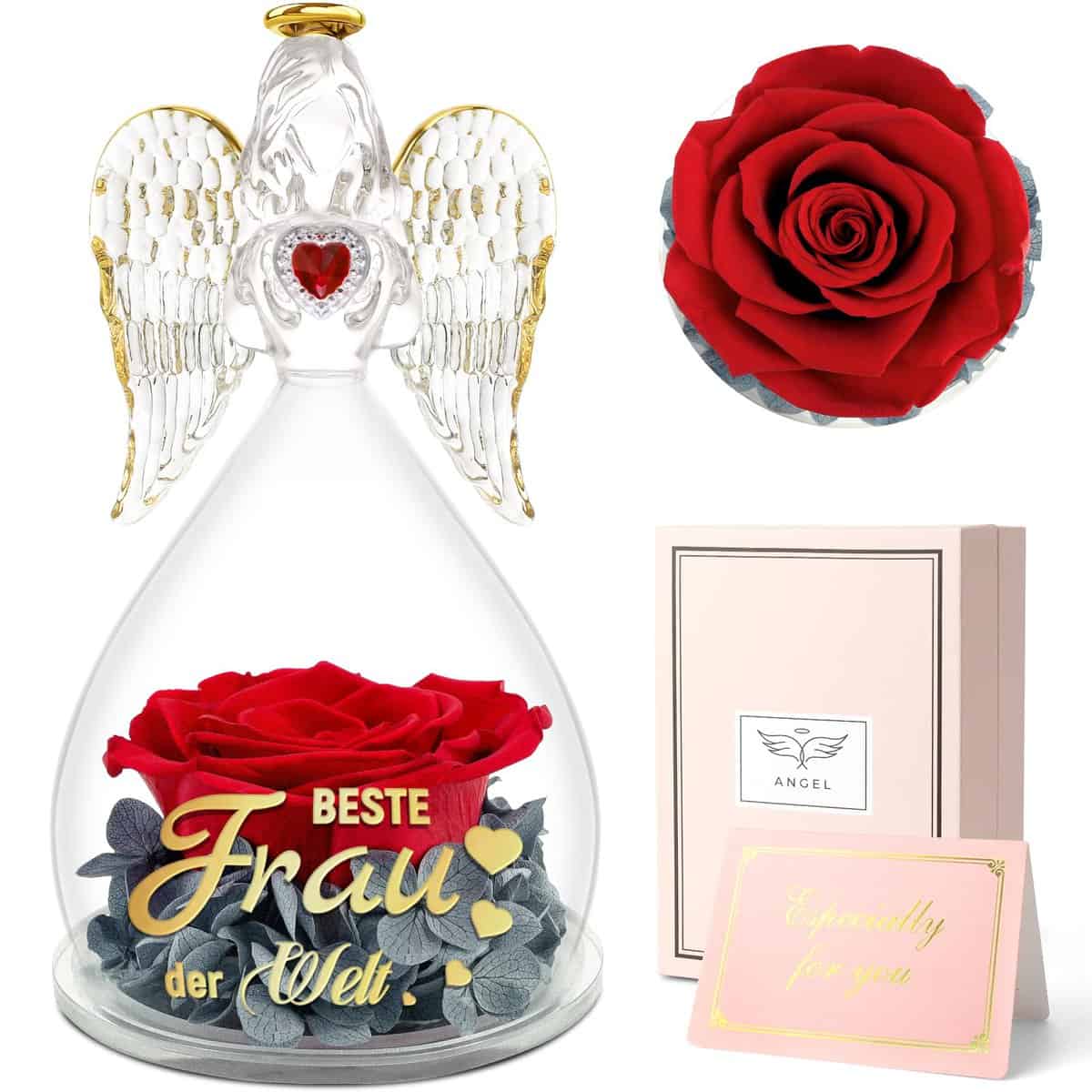 Sunia Geschenk für Frau, Beste Frau Geschenke, Engel Figur mit Spruch “Beste Frau der Welt”, Ewige Rose in Engel Glaskuppel, Ewige Blume Geschenk, Hochzeitstag Geschenke für Frauen, Geburtstag Frau