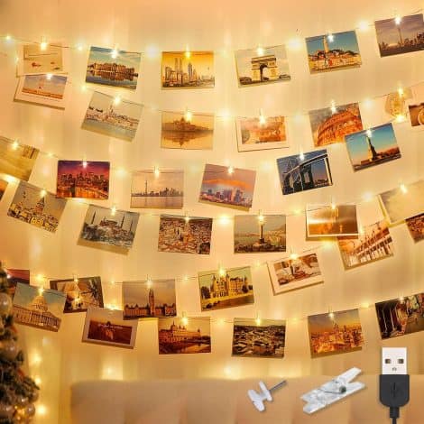 litogo 12M 120LED Fotoclips Lichterkette für Zimmerdekoration mit USB-Anschluss, 60 Klammern für Bilder im Wohnzimmer. Perfekt für Weihnachten, Hochzeiten, Parties. Warmweiß.