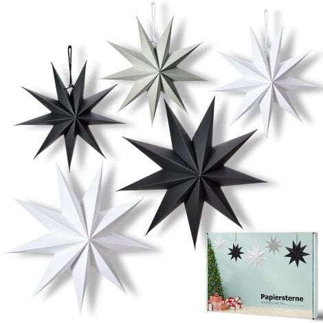 5 Skandinavische Papiersterne Weihnachten in Schwarz, Weiß und Grau, 30cm x 3 und 45cm x 2 für Dekoration.