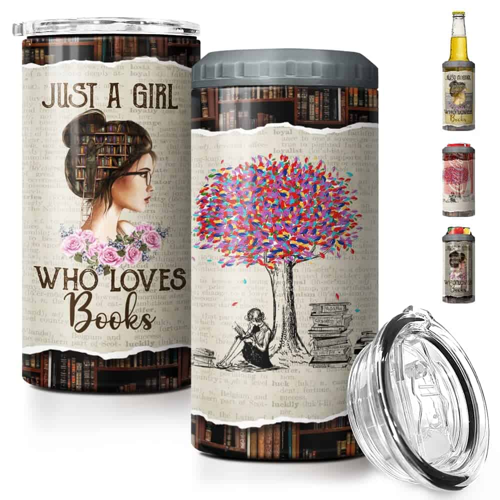 SANDJEST Becher mit Aufschrift "Just A Girl Who Loves Books", 4-in-1, 473 ml, Dosen-Kühler, Coozie, schmal, Edelstahl, Geschenk für Bibliotheker, Frauen, Leser, Bücherwurm, Urlaub, Geburtstag