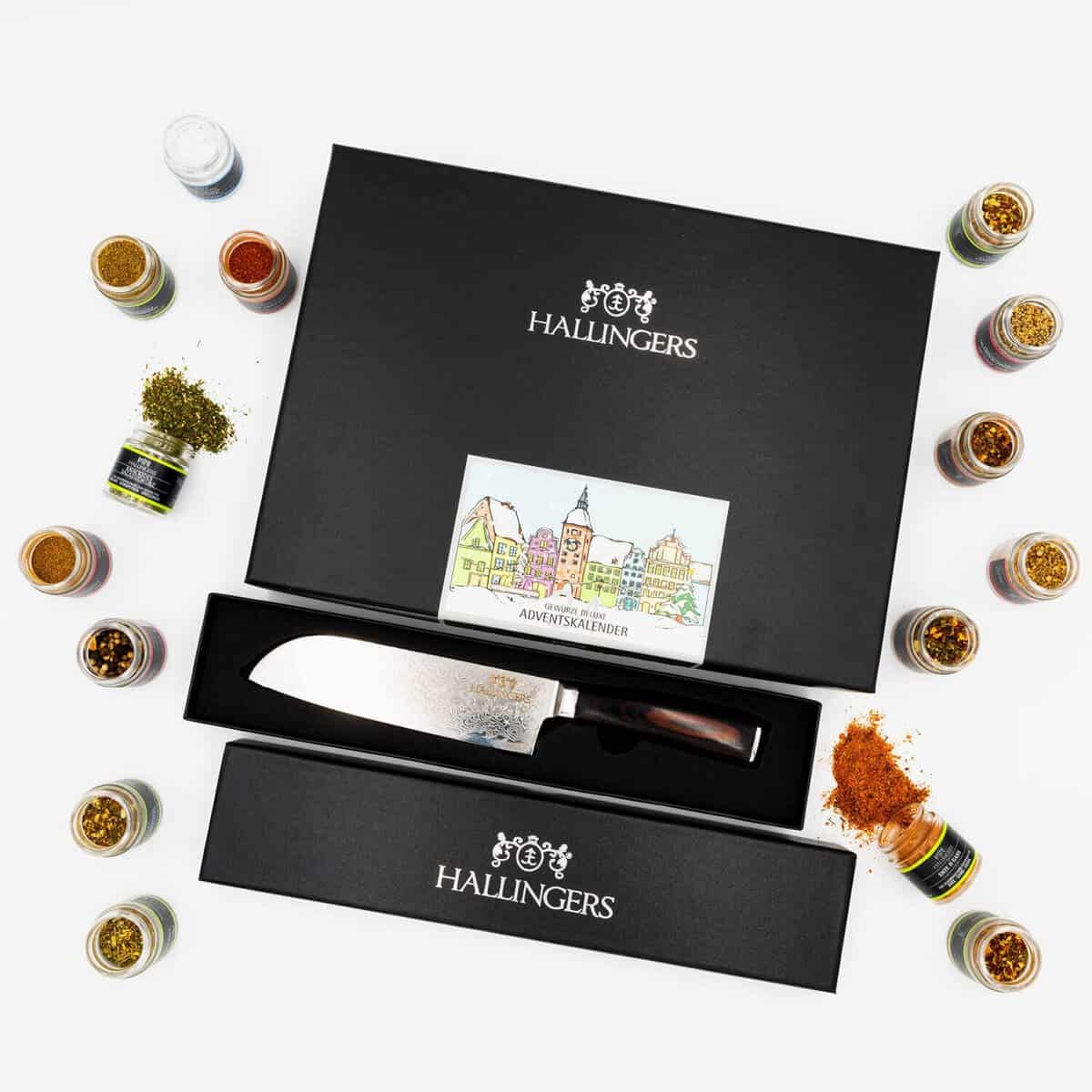 Hallingers Gewürz Adventskalender, Bundel 24 Gewürze & Messer Deluxe (425g) - Gewürze Adventskalender & Deluxe Santoku (Set) - zu Weihnachten, Neues Zuhause, Chanukka - jetzt zu Weihnachten 2023 schen