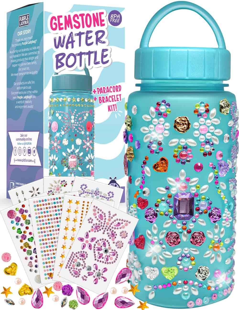 PURPLE LADYBUG Personalisierte Trinkflasche Kinder mit Strass Edelstein Aufklebern Bastelset - Kreatives DIY Basteln Mädchen 8 Jahre - Coole Geschenk Mädchen 6 Jahre & Mädchen Geschenke 11 Jahre