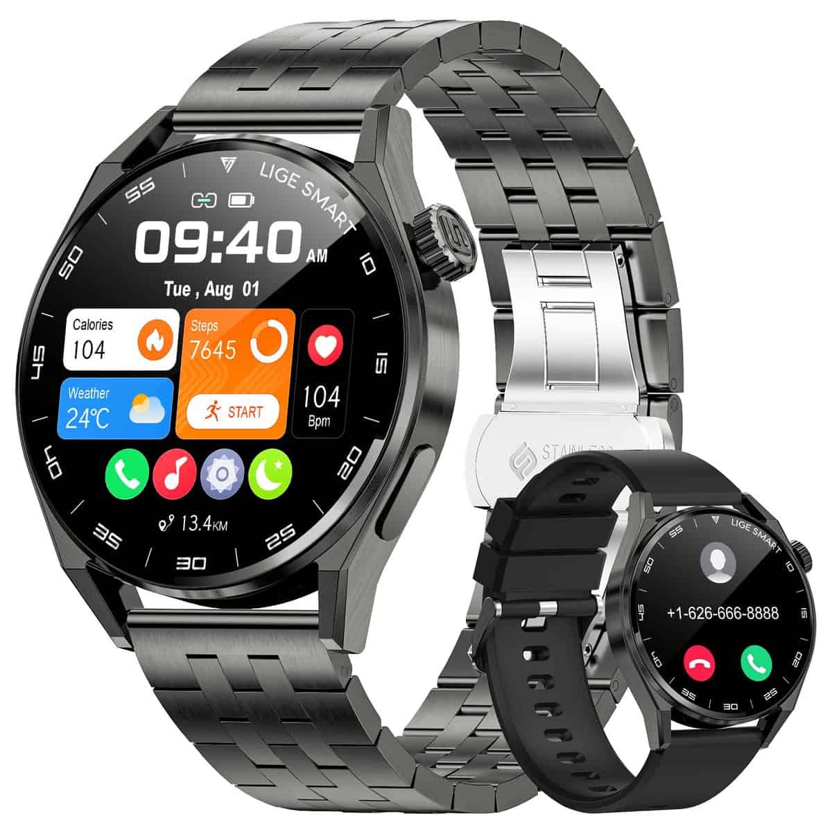 LIGE Smartwatch Herren mit Telefonfunktion, 360Amh Smart Watch mit Pulsmesser/Schlafmonitor/Message Reminder/Musiksteuerung, IP68 Wasserdicht Herren Smart Watch für Android iOS Schwarz