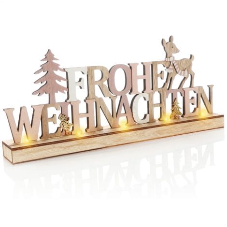 COM-FOUR® Deko-Aufsteller aus Holz – beleuchteter Schriftzug auf Holzsockel – Rentiere – rosa – Weihnachtsstimmung!