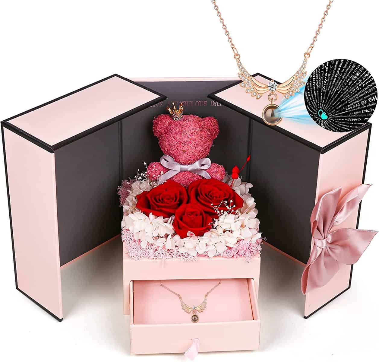 homicozy Konservierte Rose Geschenke Set enthält 925 Sterling Silber Halskette mit Ich Liebe Dich in 100 Sprachen, für Jahrestag Valentinstag Geburtstag Weihnachten, für Sie, Frau, Freundin