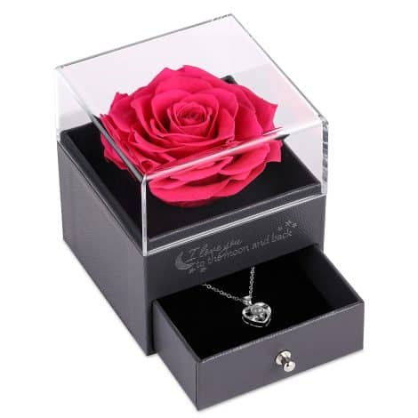 Halskette “Ich Liebe Dich” in 100 Sprachen: Echte Rose als Geschenk für Mutter oder Freundin zum Geburtstag. (Hot Rosa)