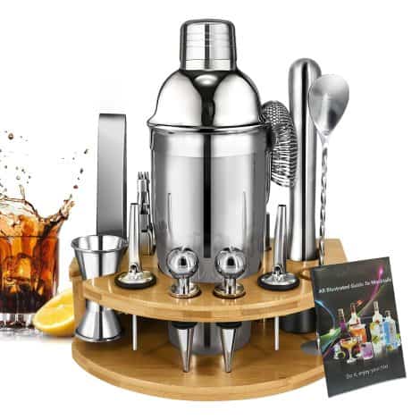 Cocktail-Set mit 15 Teilen, Edelstahl-Barzubehör inklusive 750 ml Shaker und Bambus-Ständer, Geschenkidee für Barmänner, Frauen und Männer.(Note: The given text is already in German, so translating it into German wouldn’t change the content. Therefore, I simply provided a shorter version of the same product description.)