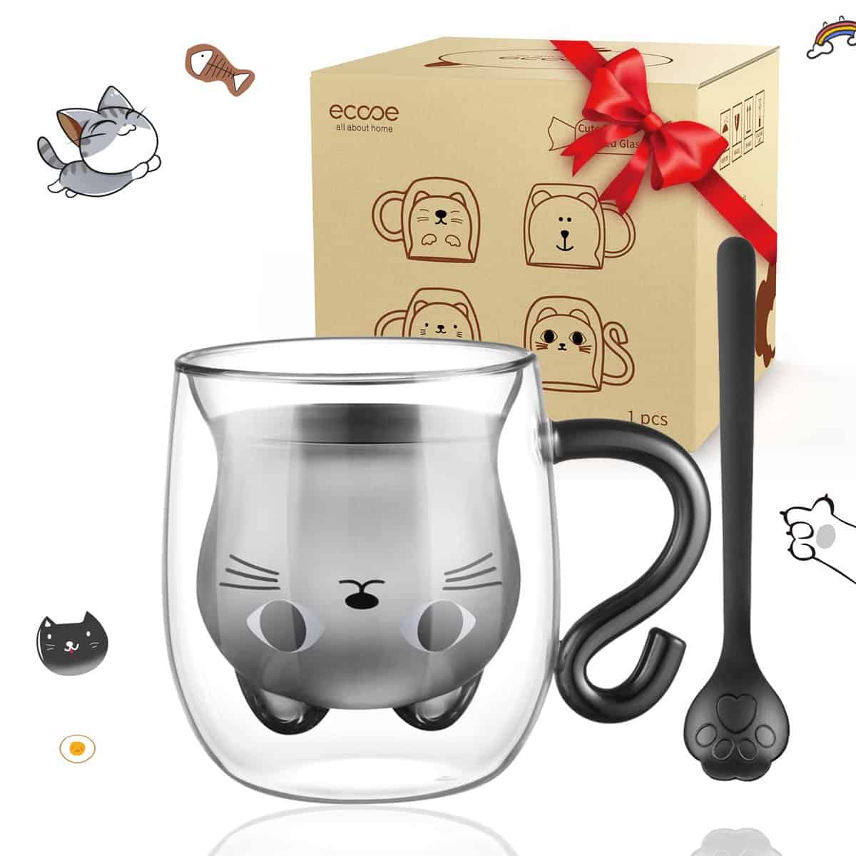 ecooe Doppelwandige Süße katze Latte Macchiato Gläser Kaffeetasse 290ml Kaffeeglas Teegläser für Cappuccino,Latte Macchiato,Tee, Milch, Bier, Geburtstag Weihnachten Geschenke für Frauen Männer Kinder