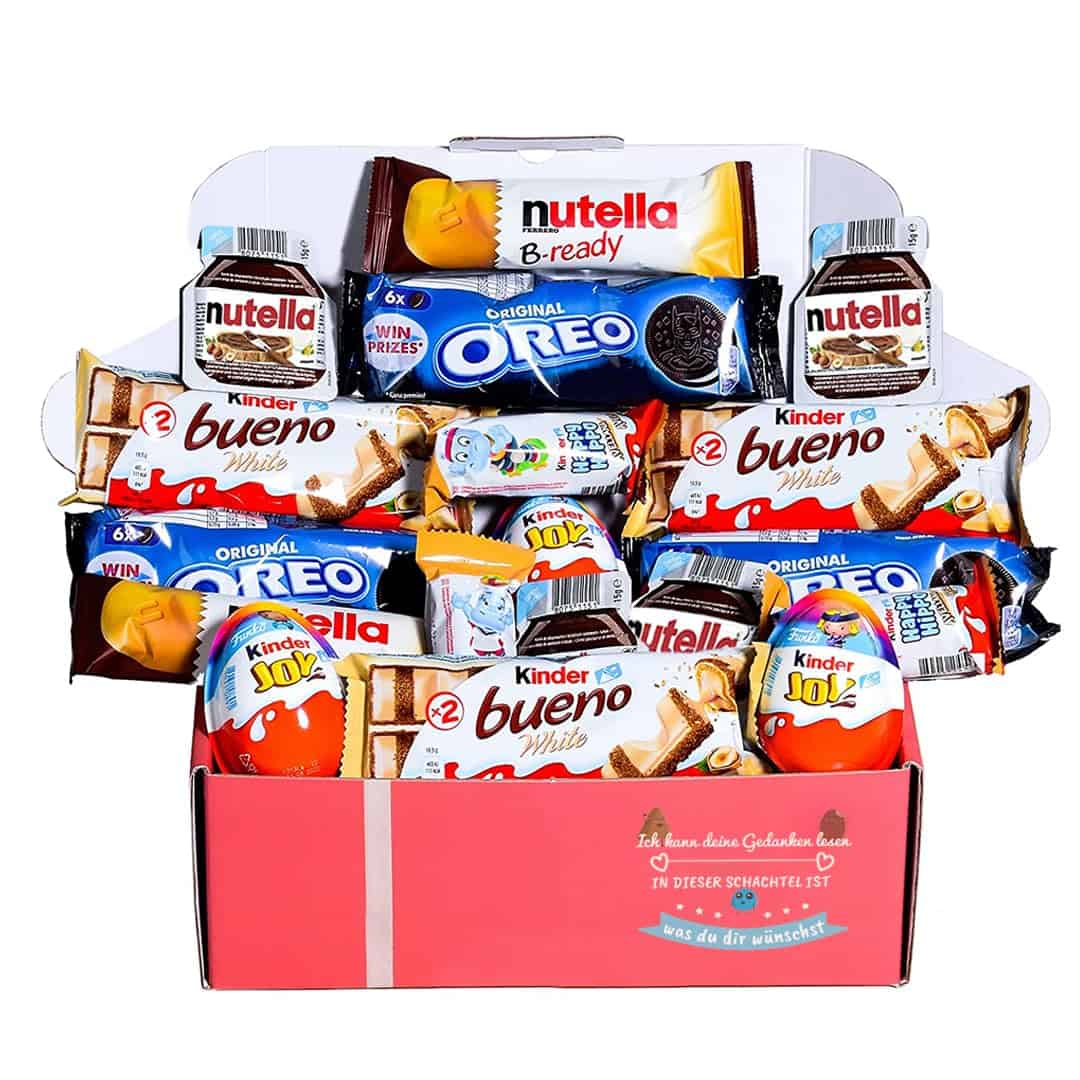 Schokolade Geschenkbox I Originelles Geschenk für Weihnachten, Geburtstage, Kinder, Partner - Kinder Bueno White, Happy Hippo, Kinder Joy, Nutella, Oreo - Schokolade Box