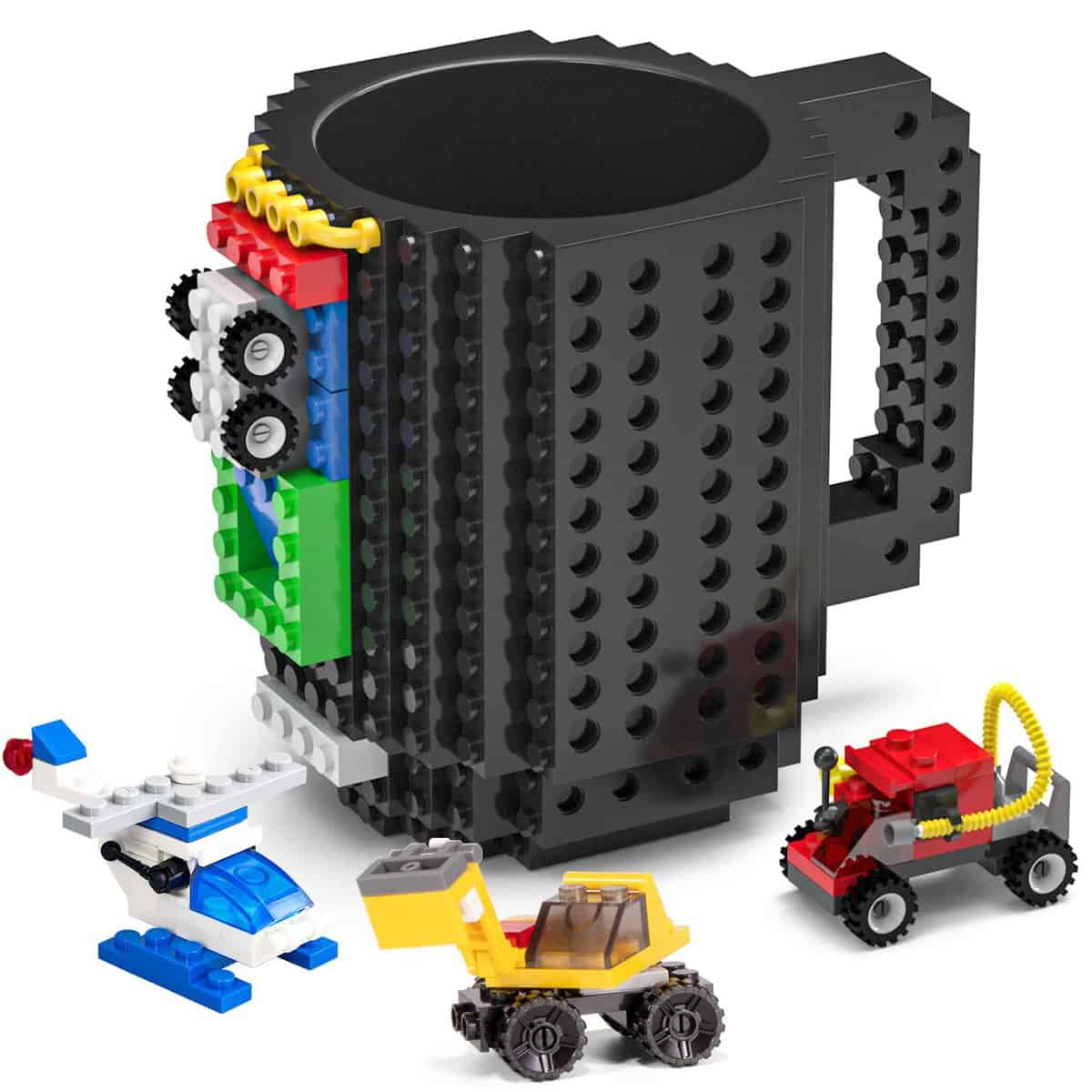 DAYMOO Build-on Bricks Tassen Becher, Lustige Kaffeetasse Geschenke für Männer Papa kinder Freund, Witzige Vatertagsgeschenke Geburtstagsgeschenk Weihnachtengeschenke, ompatibel Mit Lego, Schwarz