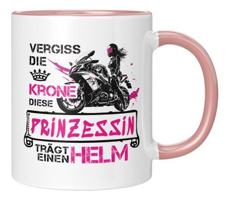 Motorradtasse für Motorradfahrerinnen, eine lustige Geschenkidee in Rosa: der TASSENTICKER Bikerin-Becher.