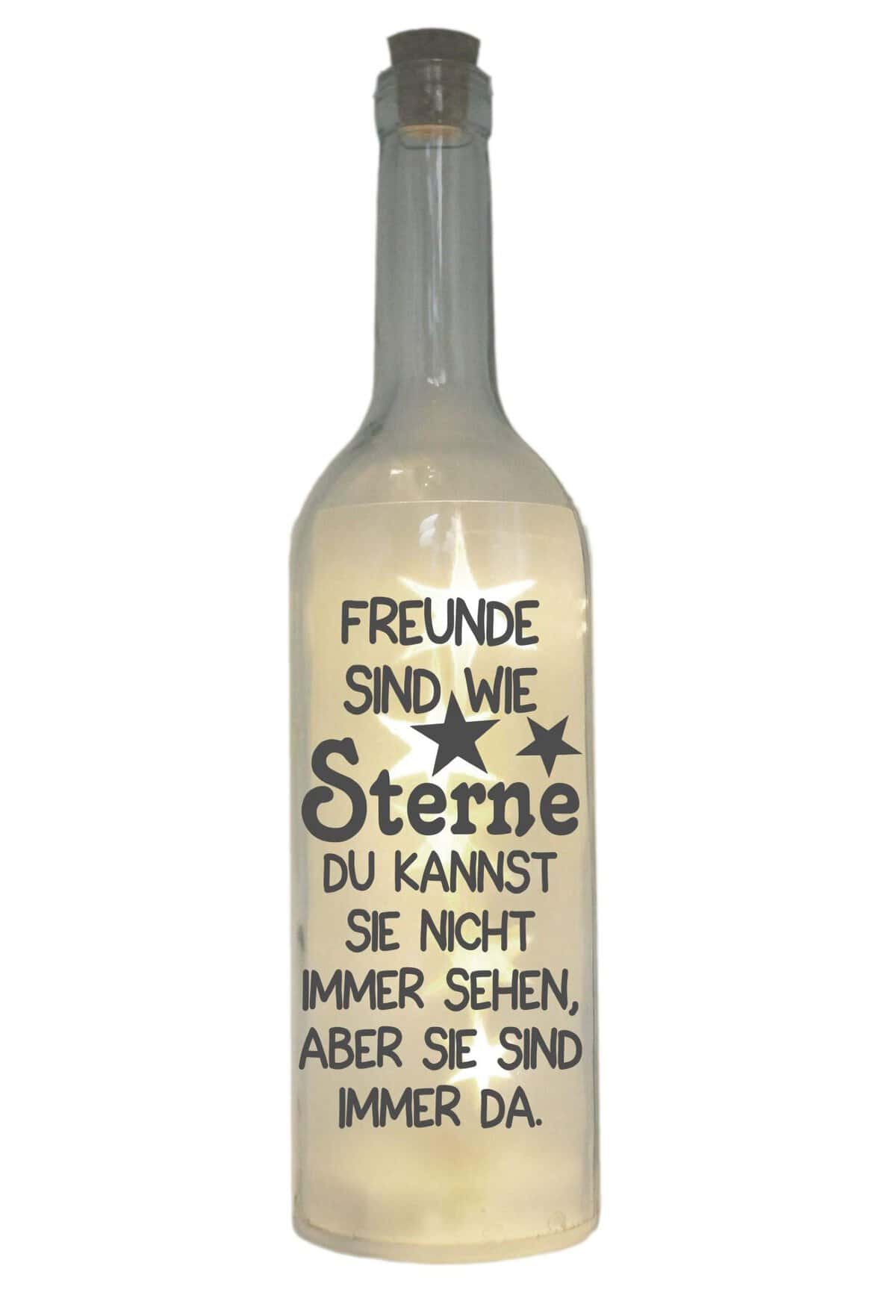 WB wohn trends LED-Flasche mit Motiv, Freunde sind wie Sterne, grau, 29cm, Flaschen-Licht Glitzer-Flasche Leuchtflasche Lampe mit Text Spruch