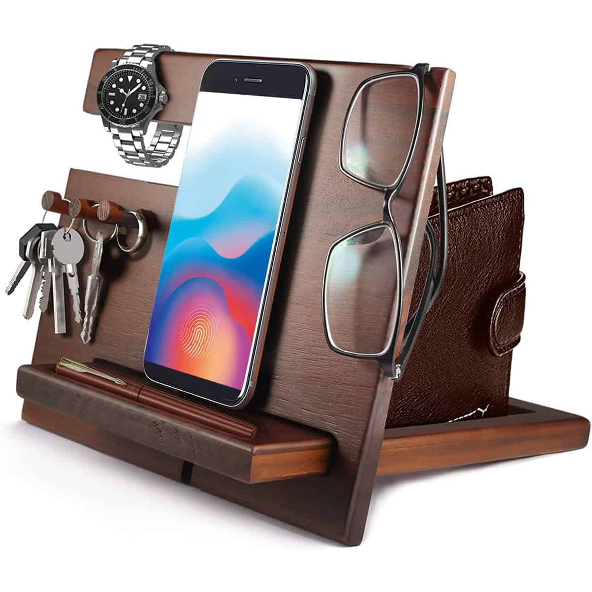 Geschenke für Männer Weihnachten Holz Telefon Dockingstation Uhren Geldbörsen Nachttisch Organizer Geschenke für Papa Geschenk Ehemann Vater Bruder Weihnachts Jahrestag Geburtstagsgeschenk für Männer