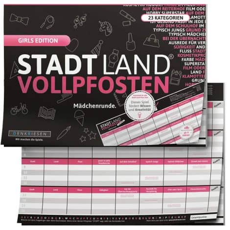 DENKRIESEN – Stadt Land VOLLPFOSTEN® – Girls Edition – Stadt Land FLUSS FÜR MÄDCHEN – Spiel FÜR MÄDCHEN – Geschenk FÜR MÄDCHEN | Spielblock | Wichtelgeschenk | FamilienspielDENKRIESEN – Städte und Länder für schräge Mädels – Spielblock zum Verschenken und gemeinsamen Spielen.