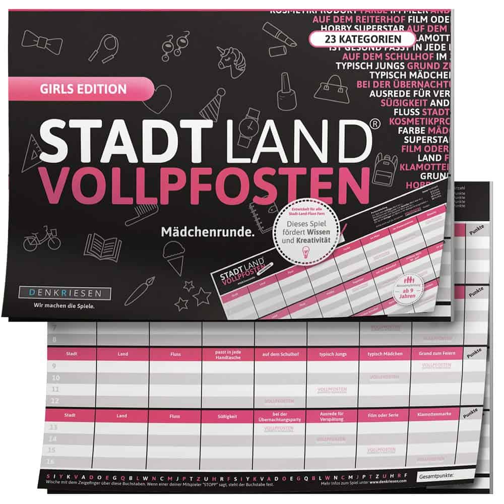 DENKRIESEN - Stadt Land VOLLPFOSTEN® - Girls Edition - Stadt Land FLUSS FÜR MÄDCHEN - Spiel FÜR MÄDCHEN - Geschenk FÜR MÄDCHEN | Spielblock | Wichtelgeschenk | Familienspiel