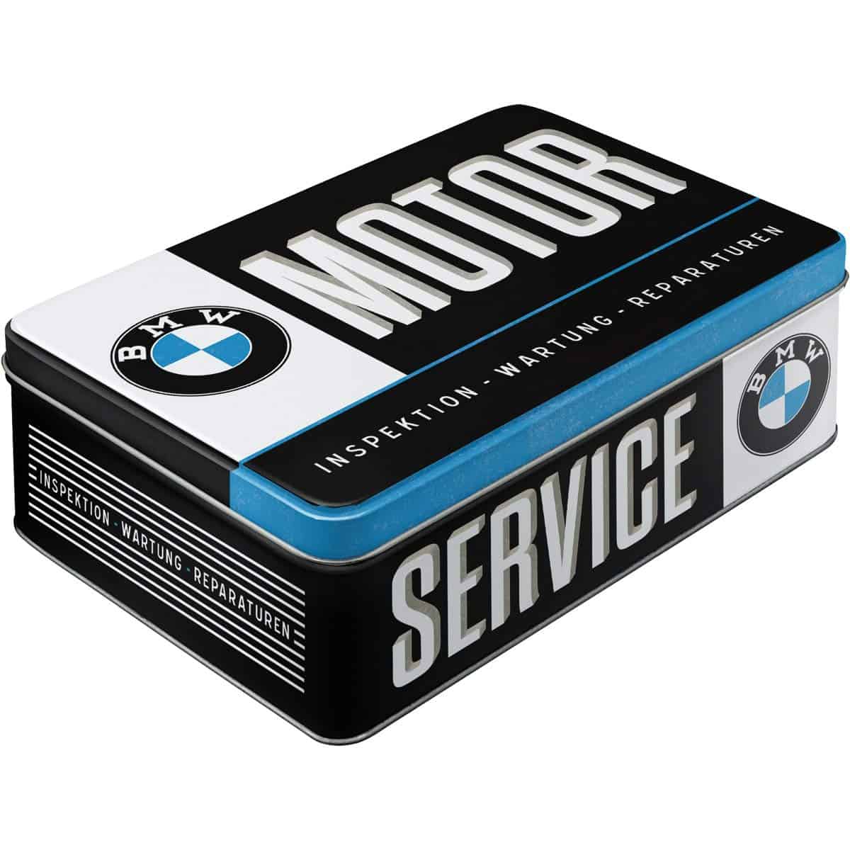 Nostalgic-Art Retro Vorratsdose Flach, 2,5 l, BMW – Service – Geschenk-Idee für BMW Accessoires Fans, Blech-Dose mit Deckel, Vintage Design