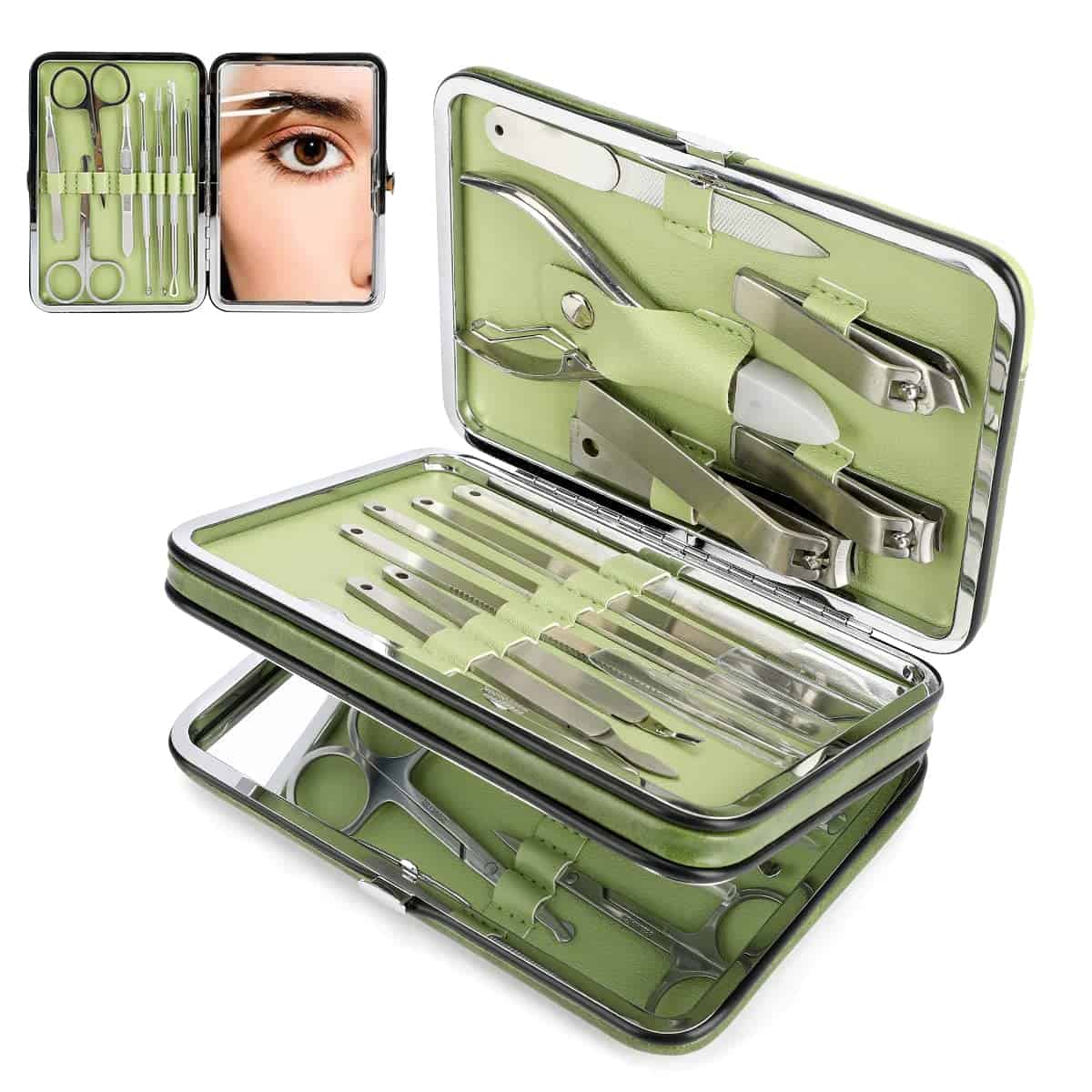 Maniküre-Set, CestMall 21 Stück Nagelknipser Pediküre-Kit Edelstahl Professionelle Maniküre-Kit für Männer Frauen Nagelpflege-Tools Persönliche Heimreise-Pflege-Kits mit Ledertasche (Green)