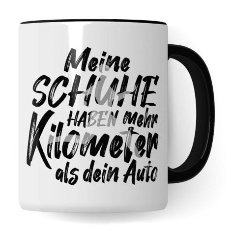 Jogger-Kaffeetasse, humorvolles Geschenk für Läuferinnen, in Weiß und Schwarz, ideal für Koffeinliebhaberinnen.