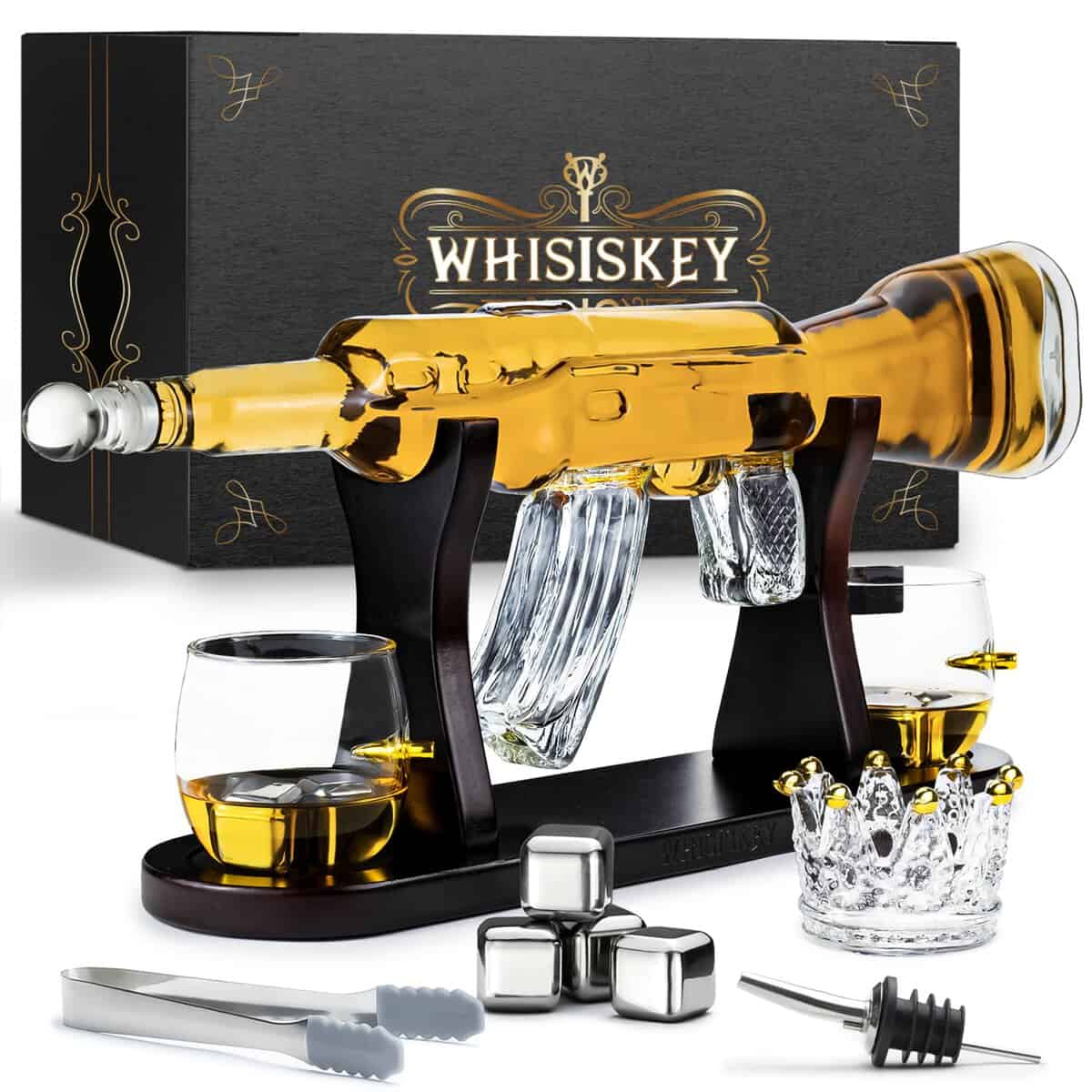 Whisiskey - Whiskey Karaffe - Gewehr - Dekanter - Whisky Karaffe Set - 1000 ml - Geschenke für Männer - Männergeschenke - Inkl. 2 Whisky Gläser, 4 Whisky-Steine und Tülle