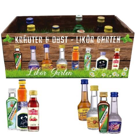 Kräuter- und Obstgarten-Likörbox + lustiges Geschenk mit Alkohol für alle Likör-Fans. Perfekt für Vatertag, Weihnachten und Geburtstag. Beinhaltet 8x 0,02l Liköre zum Verkosten.