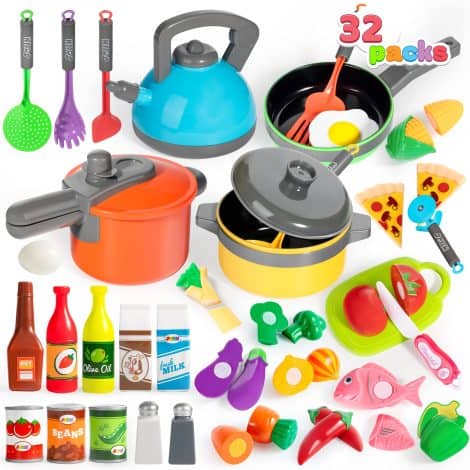 JOYIN 36-teiliges Set für Kinderküche, mit Töpfen und Pfannen, Essen zum Spielen, Gemüse schneiden, Geschenke für Kinder von 1–8 Jahren.