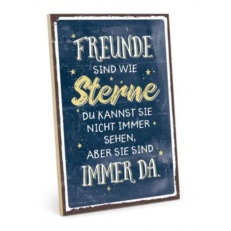 Holzschild mit Spruch über Freundschaft – FREUNDE SIND WIE STERNE (blau-gelb) – Dekoration & Geschenk – HS-00407 im Vintage-Look.