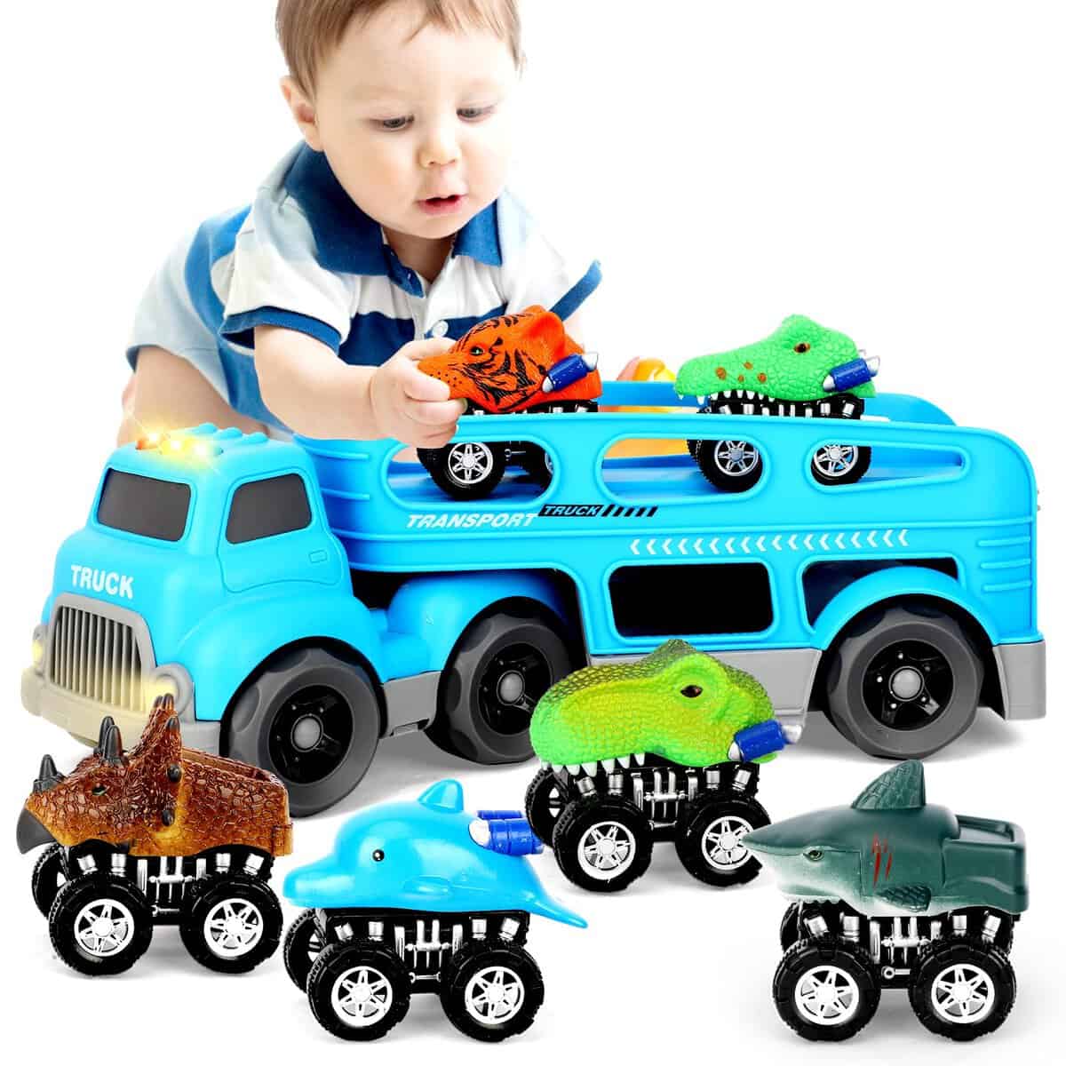 kramow Spielzeug Auto Jungen, Spielzeug LKW mit 6 Dinosaurier Autos, Fahrzeug Spielzeug für 3-5 Jahre alte Kinder, Kinderspielzeug Geschenke für Kleinkinder 4-5 Jahren