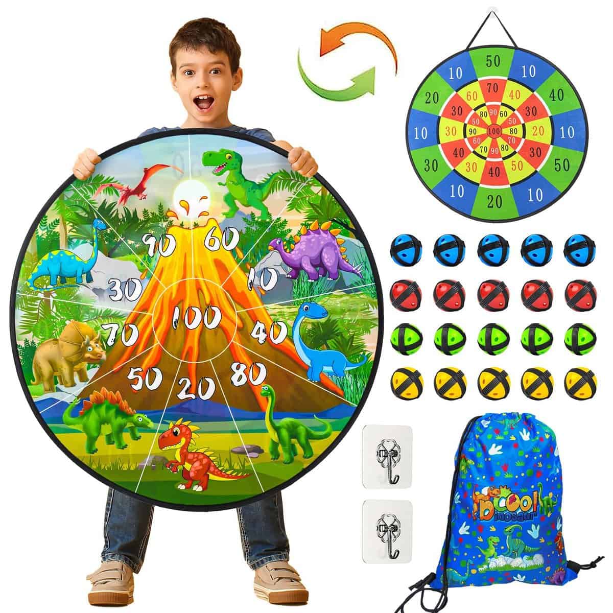 Akosuntoys 28“ Faltbare Klett Doppelseitige Dartscheibe für Kinder Erwachsene, Mit 20 Bällen, 2 Haken, 1 Cooler Wasserdichter Aufbewahrungstasche - Party-Wurfspiele Geschenk und Spielzeug für Kinder