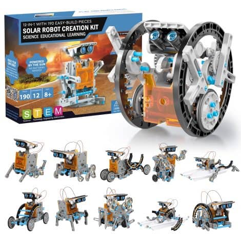 Kinder können mit diesem 190-teiligen Bausatz für Solarenergie 12 verschiedene Solar-Roboter bauen. Perfekt als Geschenk für Jungen ab 8 Jahren.